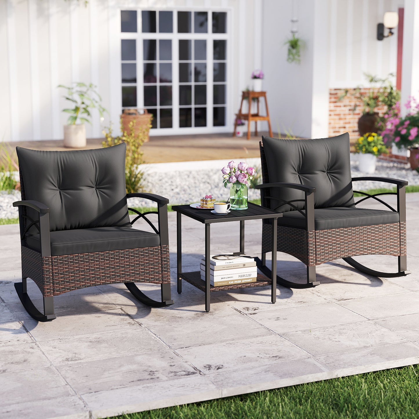 Rocking Bistro Set 3-Piece with PE Rattan Chairs & Wood Table