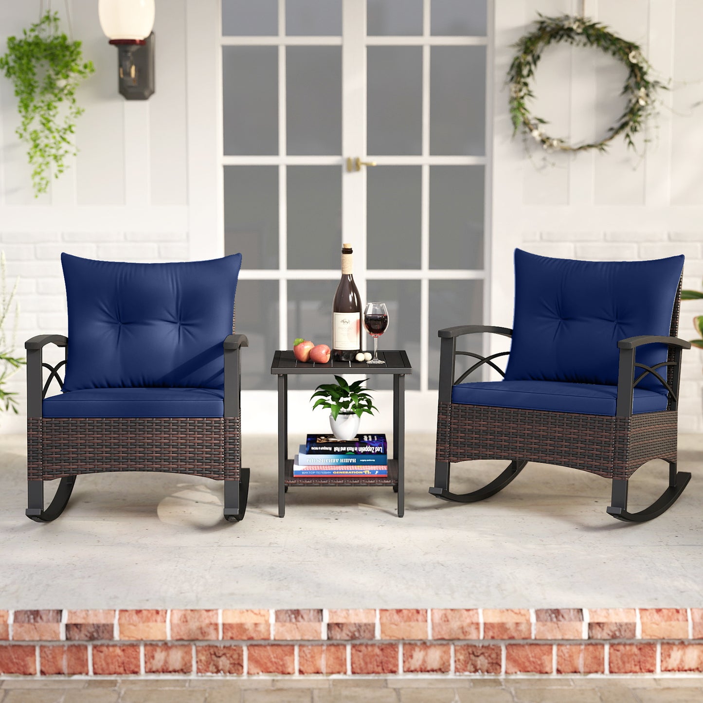 Rocking Bistro Set 3-Piece with PE Rattan Chairs & Wood Table