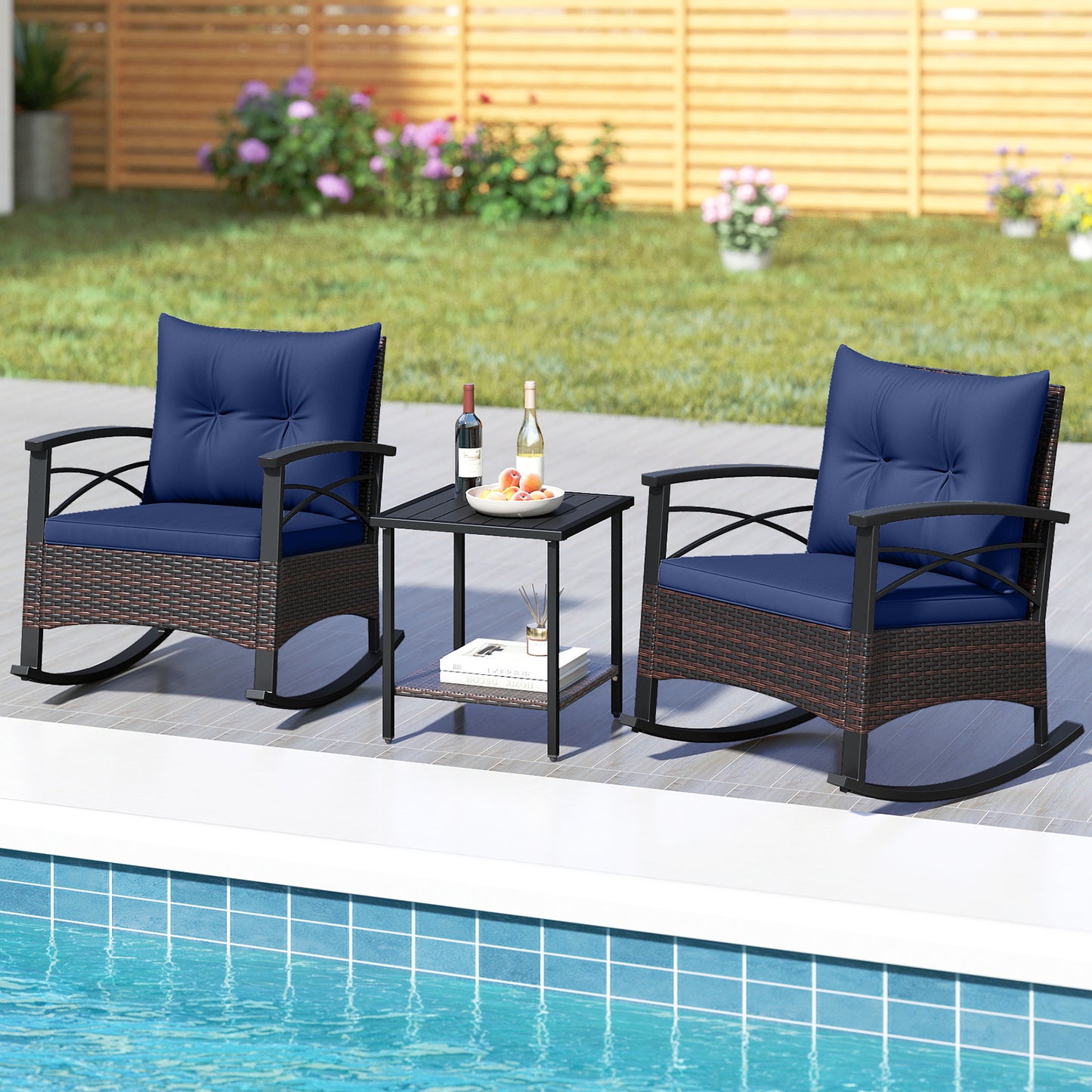 Rocking Bistro Set 3-Piece with PE Rattan Chairs & Wood Table