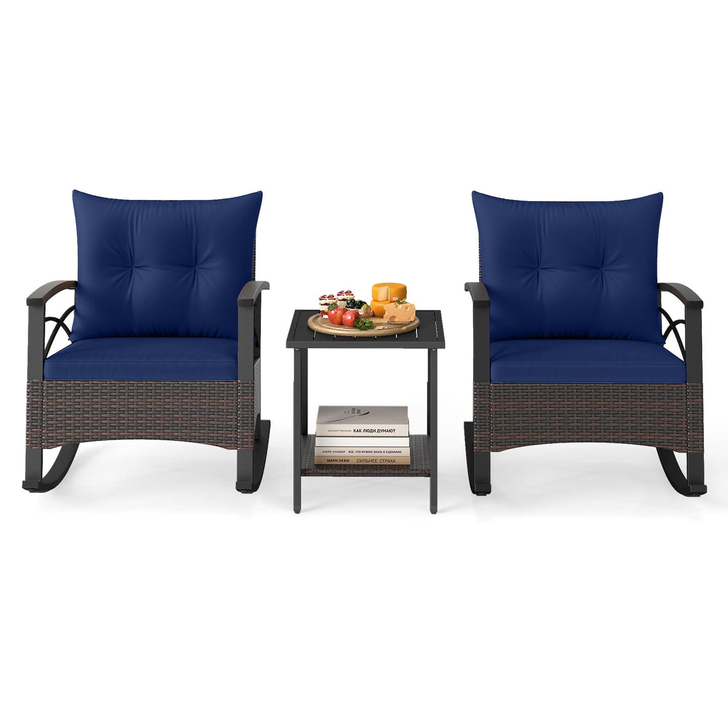 Rocking Bistro Set 3-Piece with PE Rattan Chairs & Wood Table