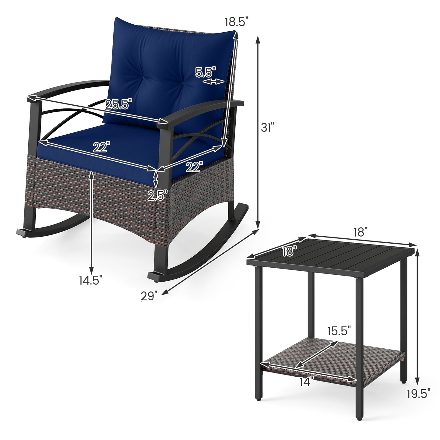 Rocking Bistro Set 3-Piece with PE Rattan Chairs & Wood Table