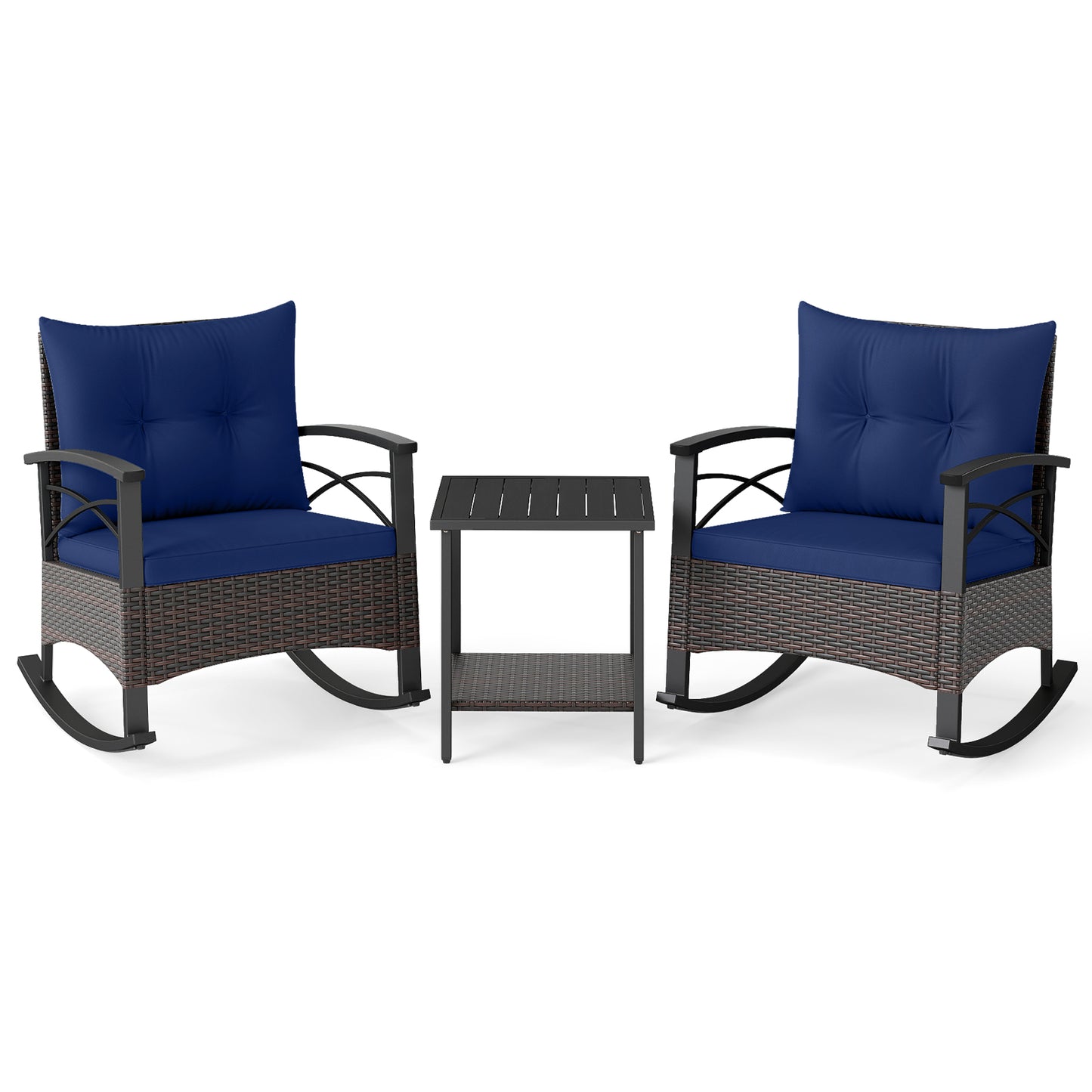 Rocking Bistro Set 3-Piece with PE Rattan Chairs & Wood Table