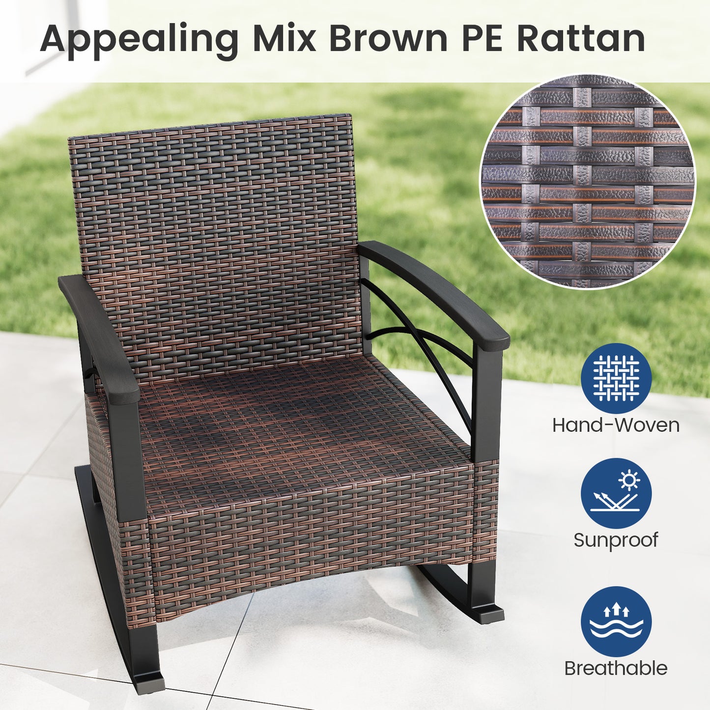 Rocking Bistro Set 3-Piece with PE Rattan Chairs & Wood Table