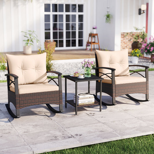 Rocking Bistro Set 3-Piece with PE Rattan Chairs & Wood Table