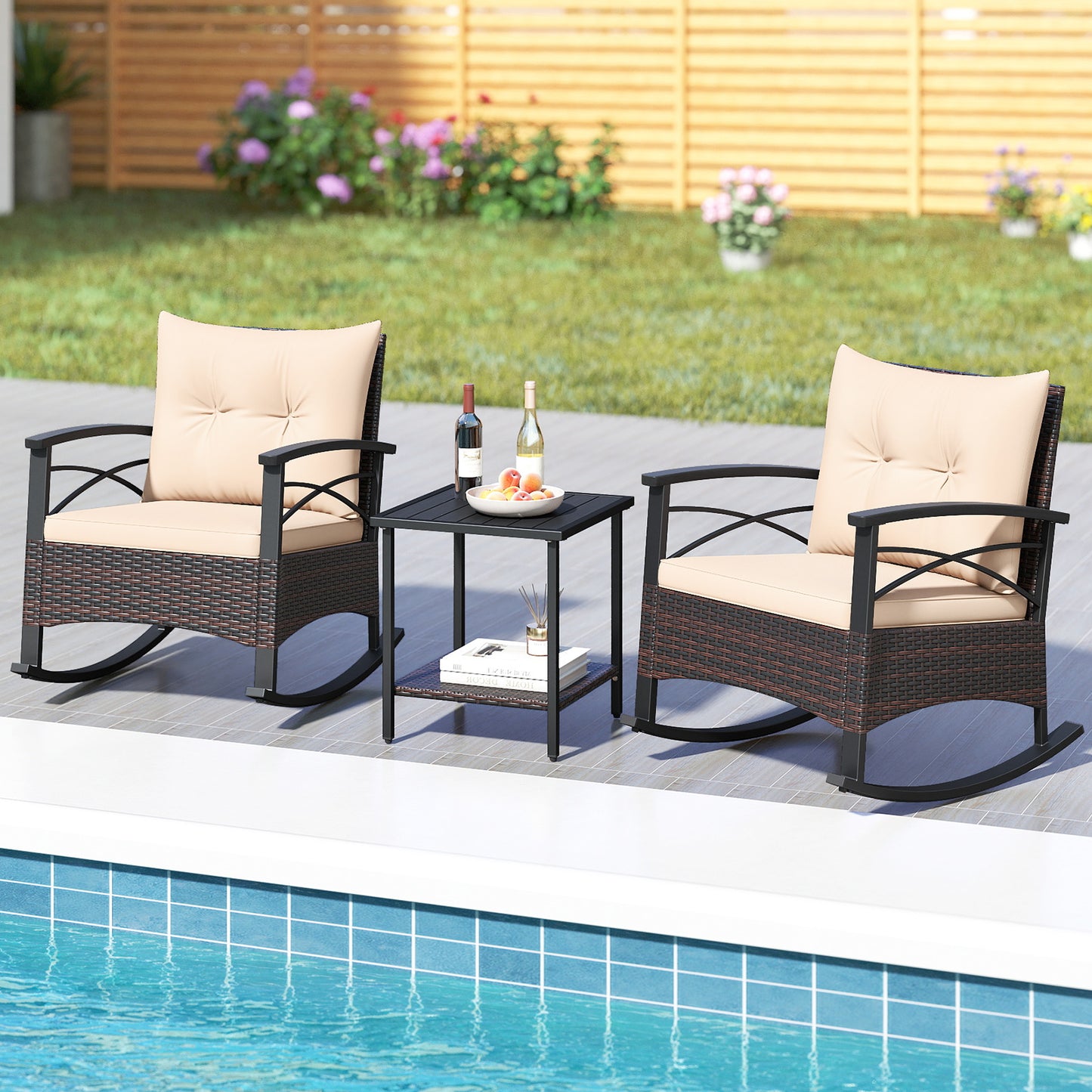 Rocking Bistro Set 3-Piece with PE Rattan Chairs & Wood Table
