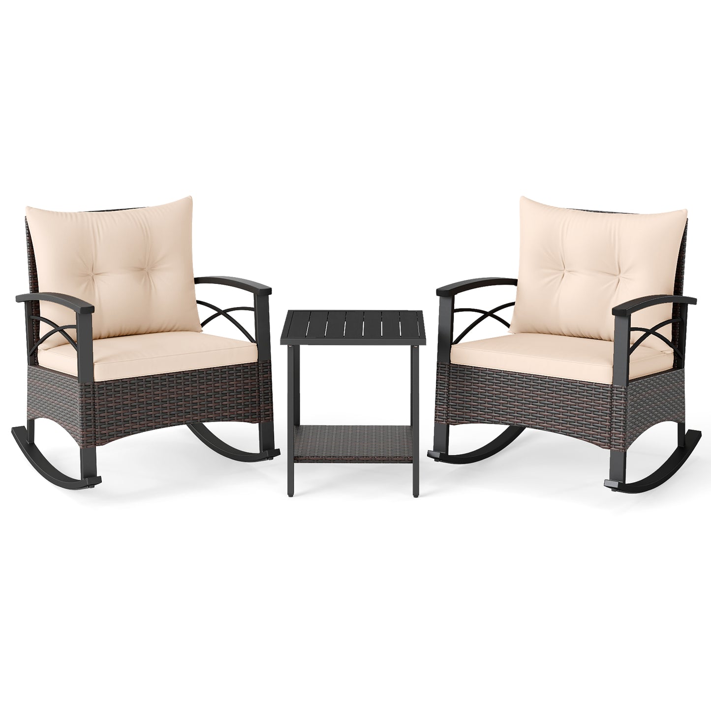 Rocking Bistro Set 3-Piece with PE Rattan Chairs & Wood Table