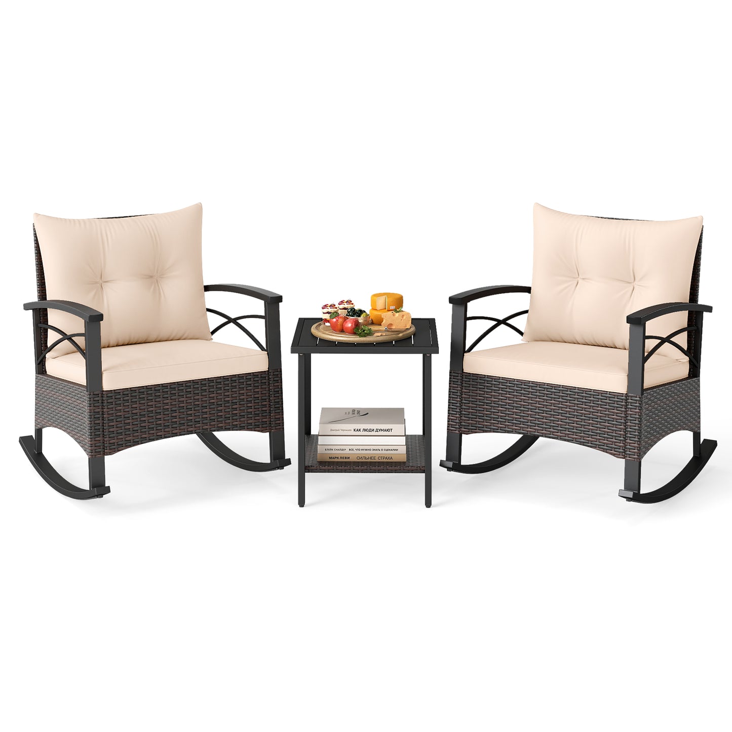 Rocking Bistro Set 3-Piece with PE Rattan Chairs & Wood Table