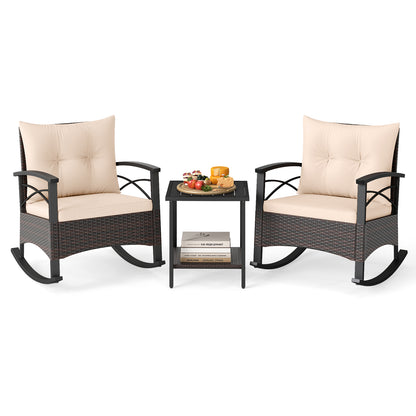 Rocking Bistro Set 3-Piece with PE Rattan Chairs & Wood Table