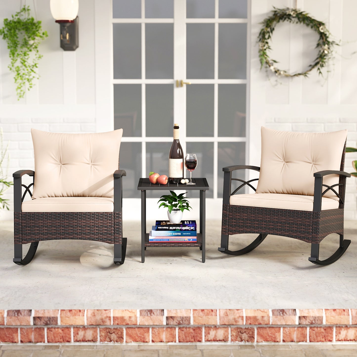 Rocking Bistro Set 3-Piece with PE Rattan Chairs & Wood Table