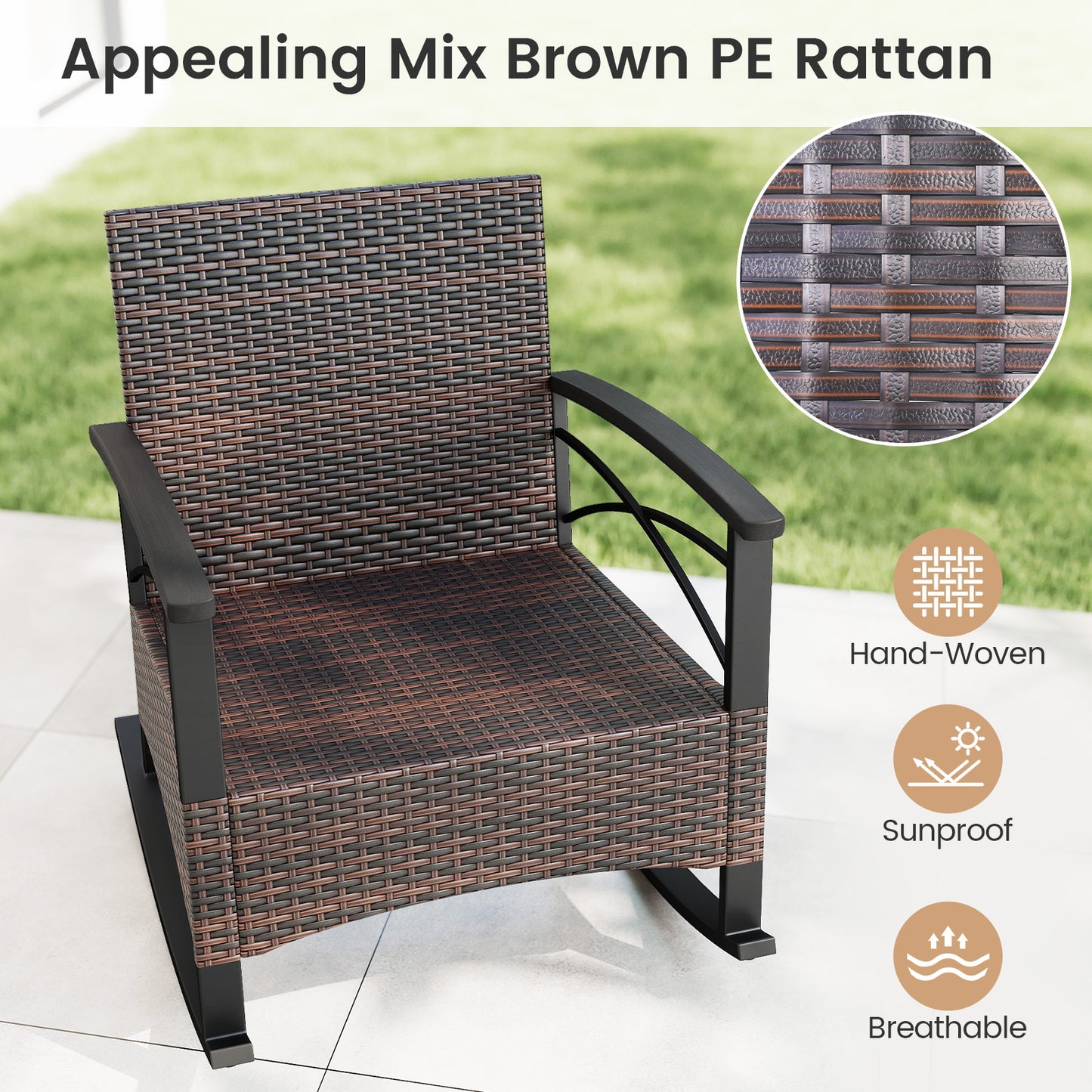 Rocking Bistro Set 3-Piece with PE Rattan Chairs & Wood Table