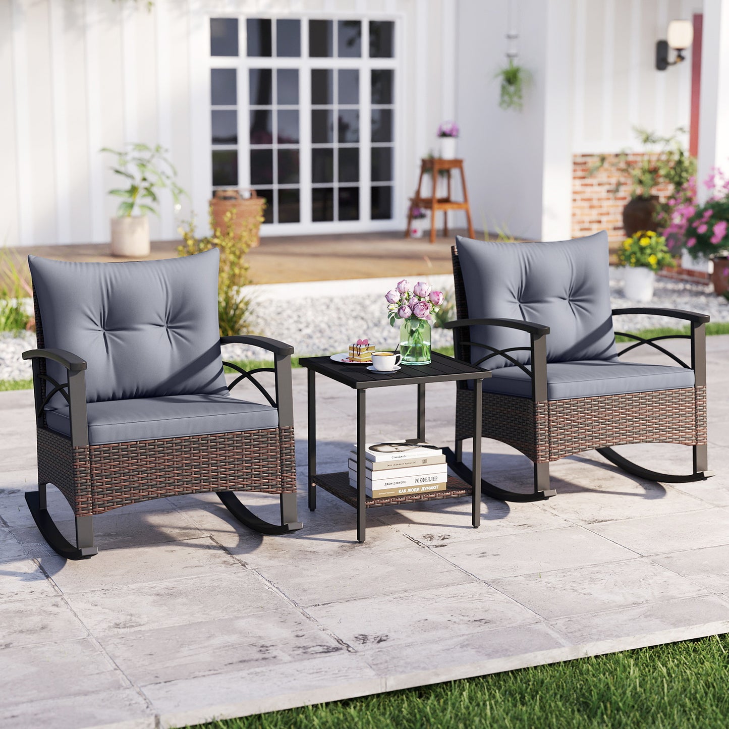Rocking Bistro Set 3-Piece with PE Rattan Chairs & Wood Table