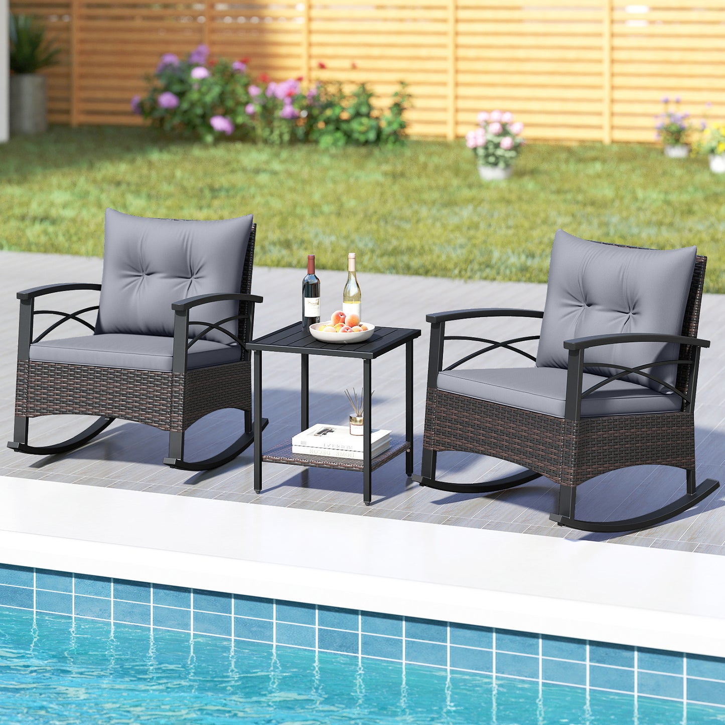 Rocking Bistro Set 3-Piece with PE Rattan Chairs & Wood Table