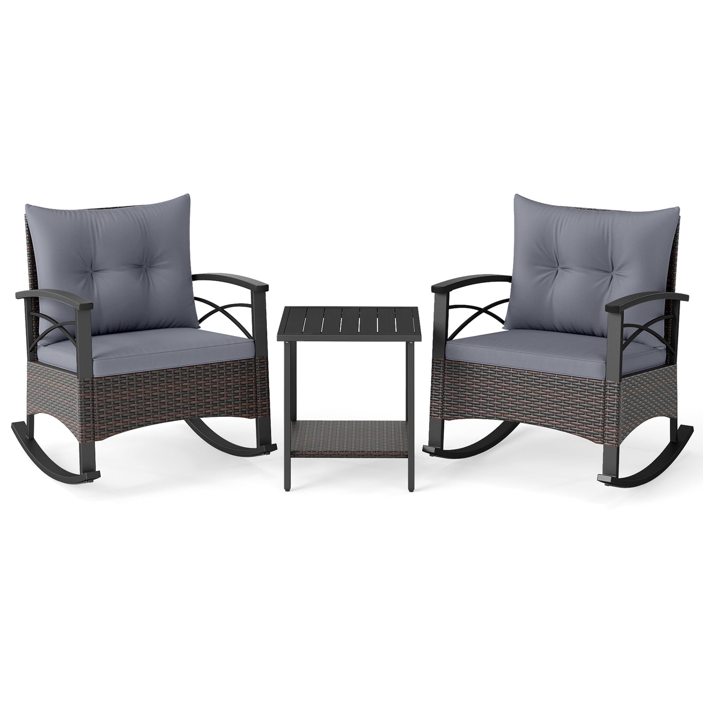 Rocking Bistro Set 3-Piece with PE Rattan Chairs & Wood Table