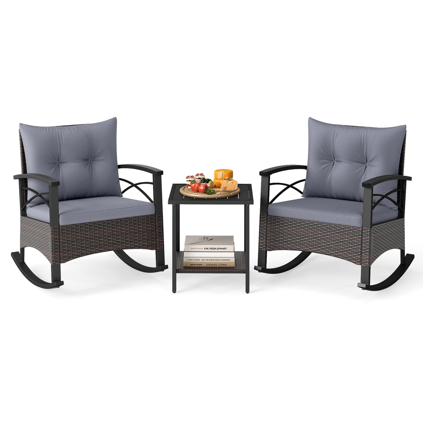 Rocking Bistro Set 3-Piece with PE Rattan Chairs & Wood Table