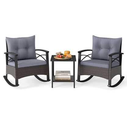 Rocking Bistro Set 3-Piece with PE Rattan Chairs & Wood Table
