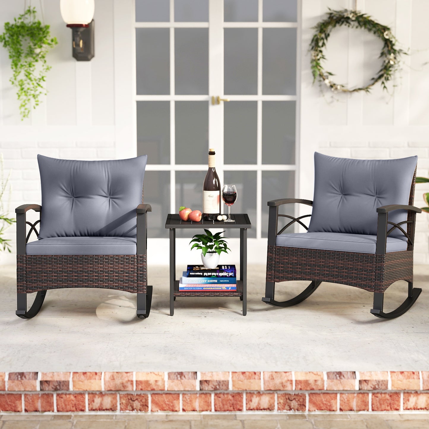 Rocking Bistro Set 3-Piece with PE Rattan Chairs & Wood Table