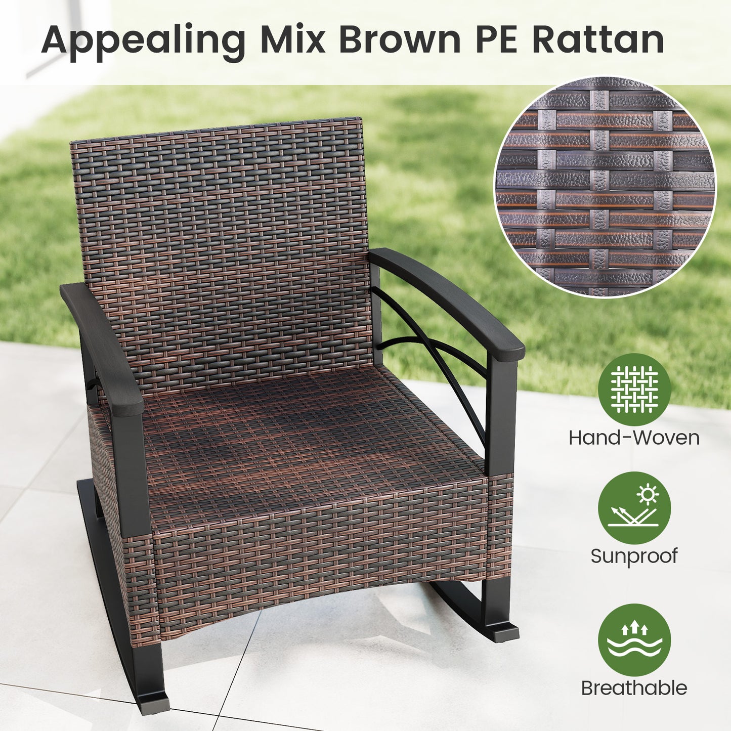 Rocking Bistro Set 3-Piece with PE Rattan Chairs & Wood Table
