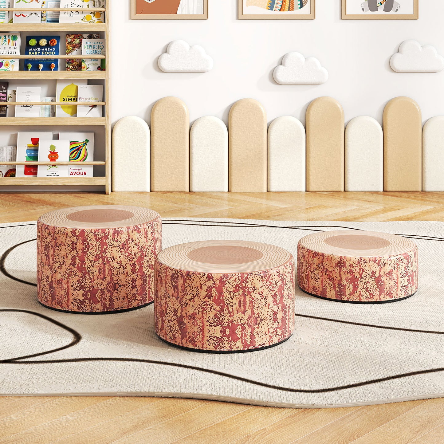Tree Stump Stool Set 3-Piece Kids Seating with Wood Grain