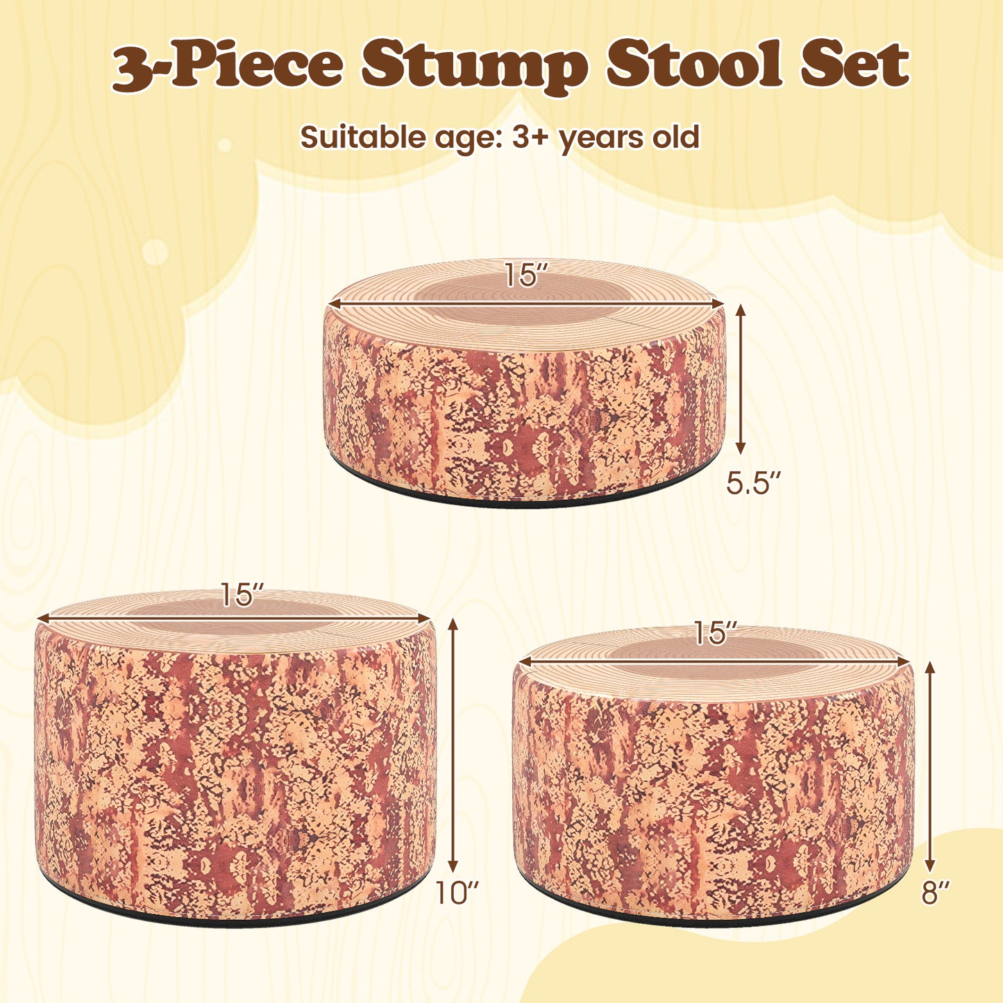 Tree Stump Stool Set 3-Piece Kids Seating with Wood Grain