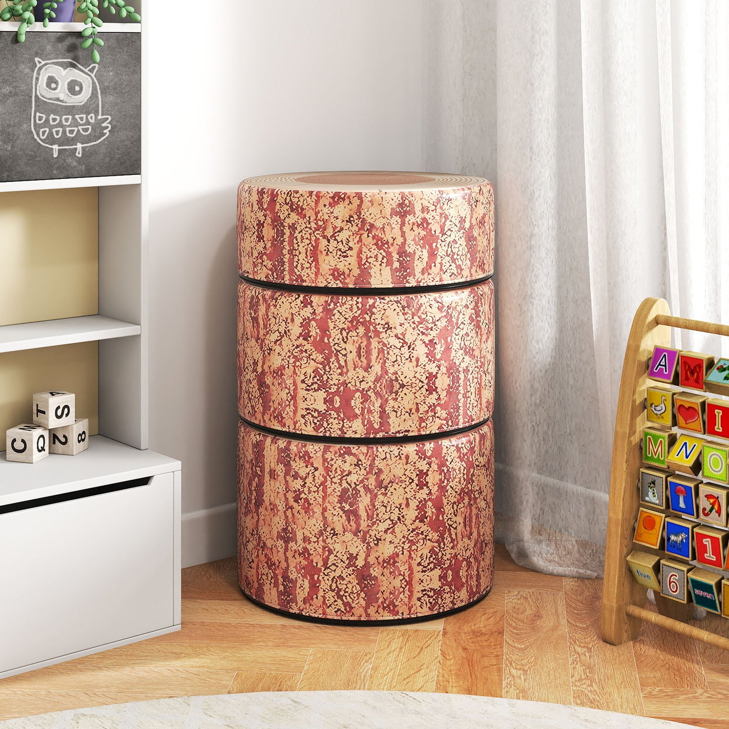 Tree Stump Stool Set 3-Piece Kids Seating with Wood Grain
