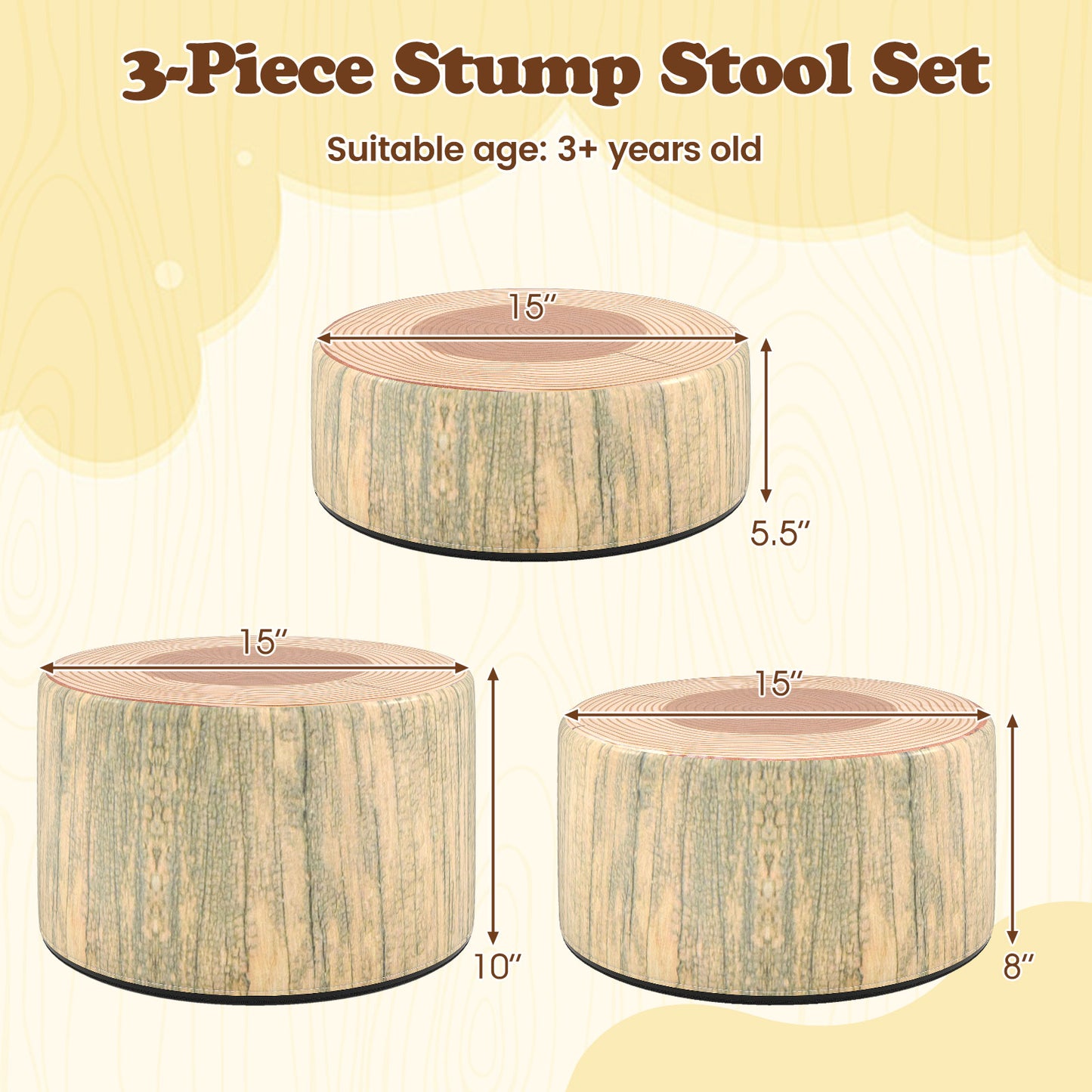 Tree Stump Stool Set 3-Piece Kids Seating with Wood Grain
