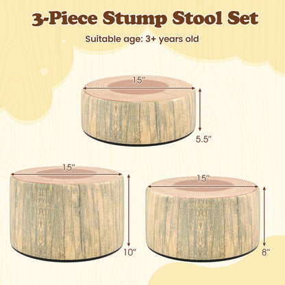 Tree Stump Stool Set 3-Piece Kids Seating with Wood Grain
