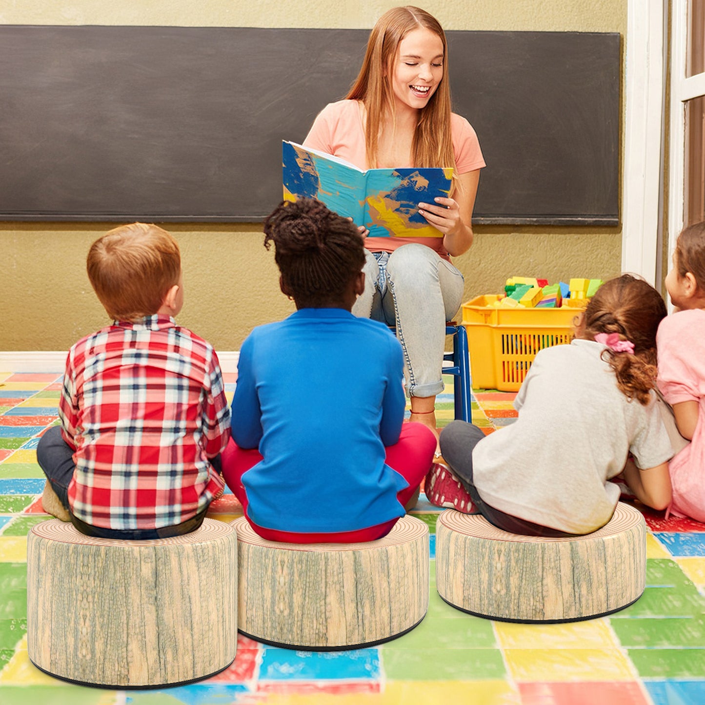 Tree Stump Stool Set 3-Piece Kids Seating with Wood Grain