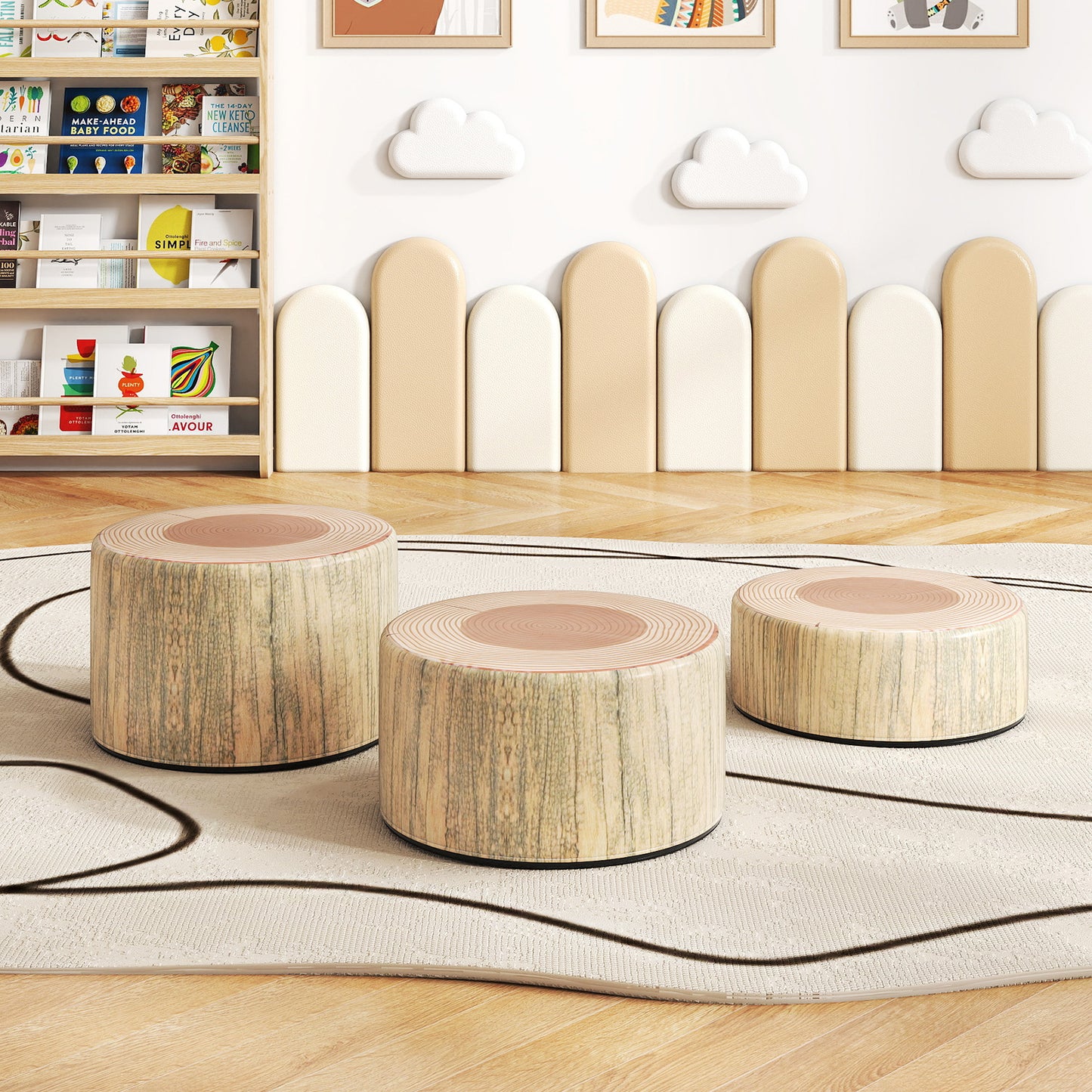 Tree Stump Stool Set 3-Piece Kids Seating with Wood Grain