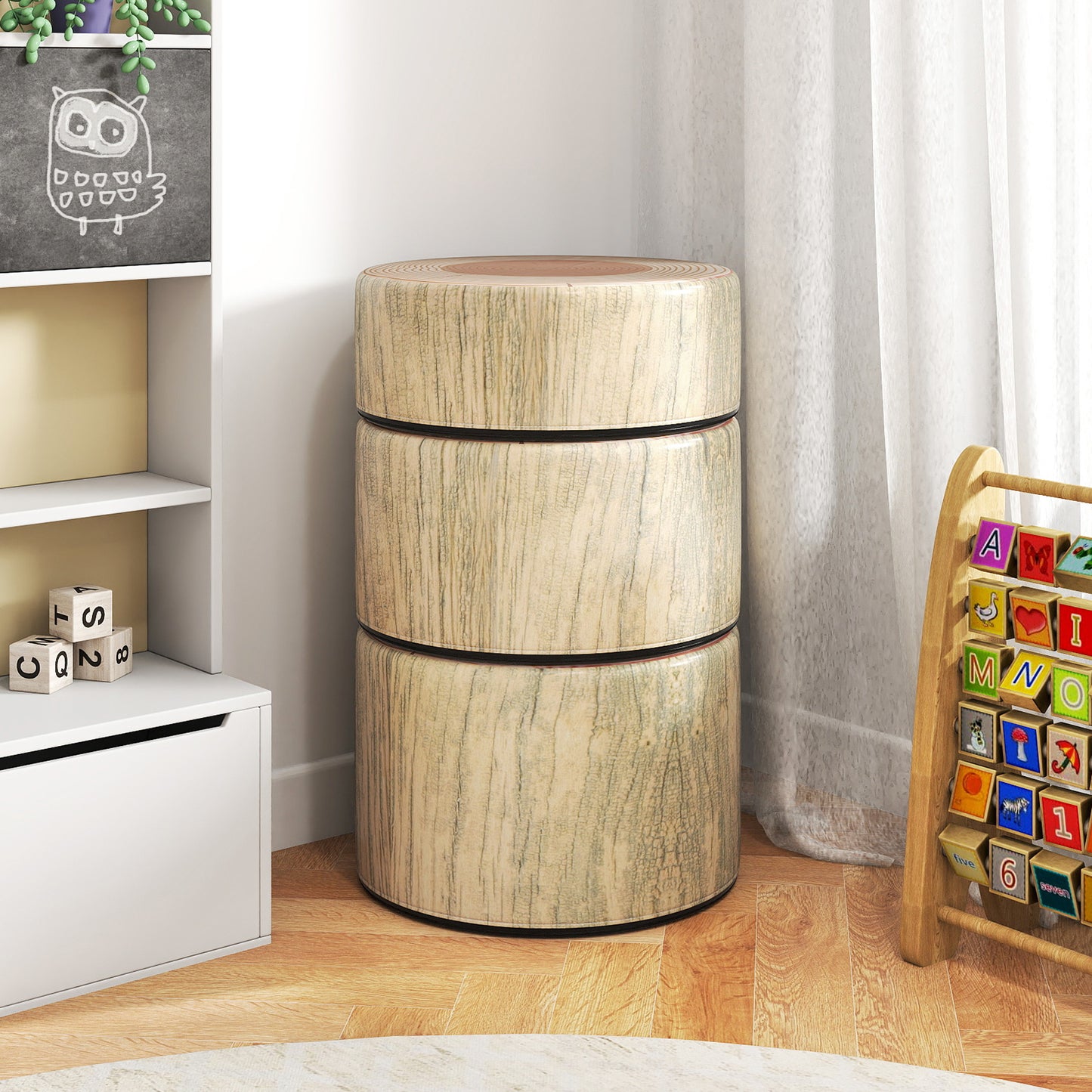 Tree Stump Stool Set 3-Piece Kids Seating with Wood Grain