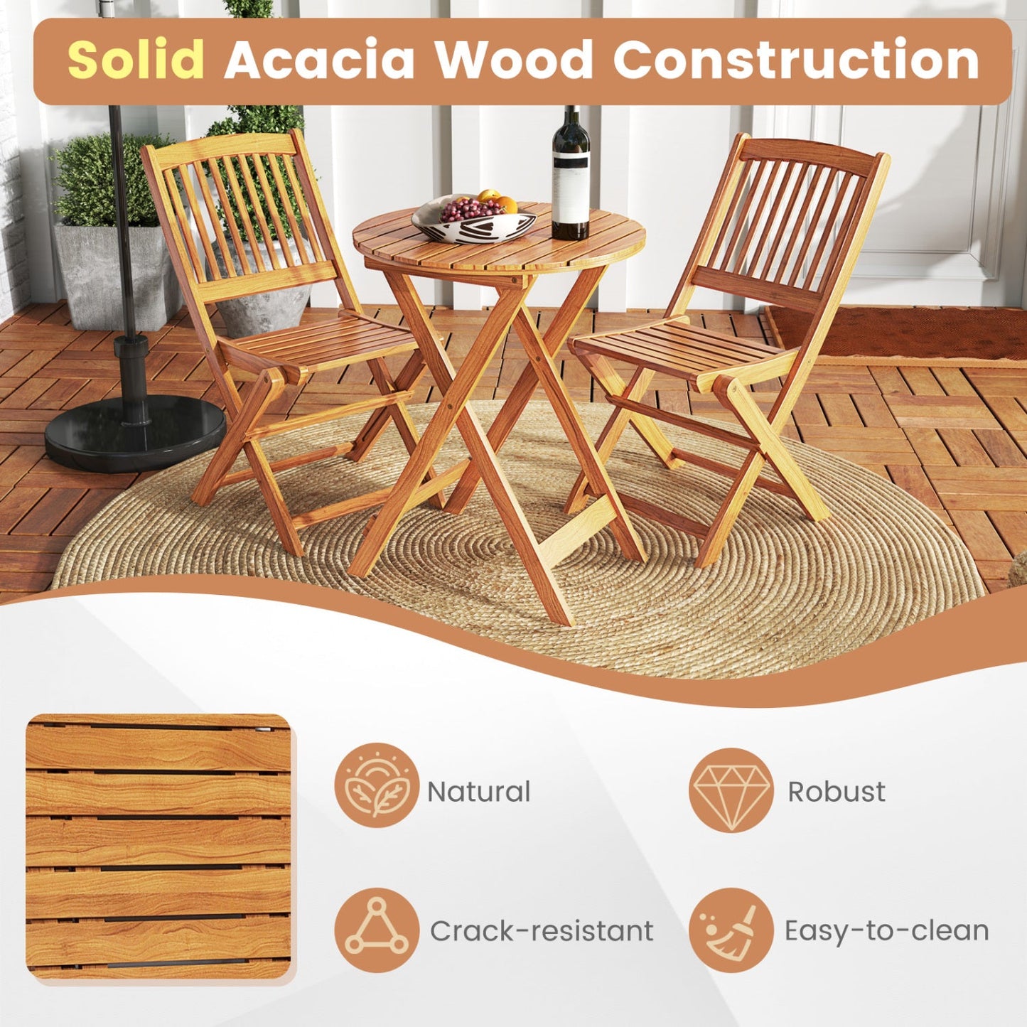 3-Piece Acacia Wood Folding Bistro Set with Cushions