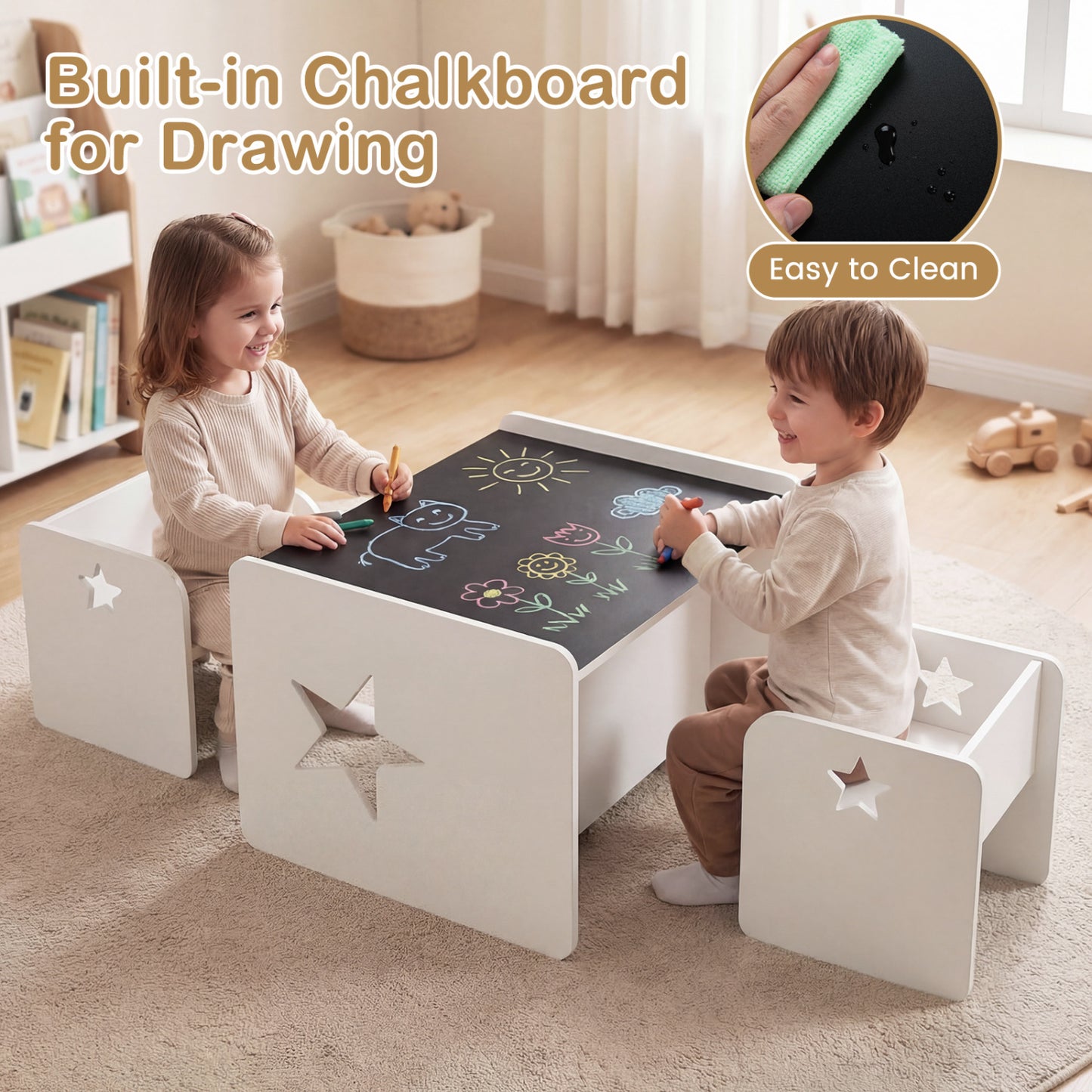 Kids Table and Chair Set with Chalkboard - 3 Piece White