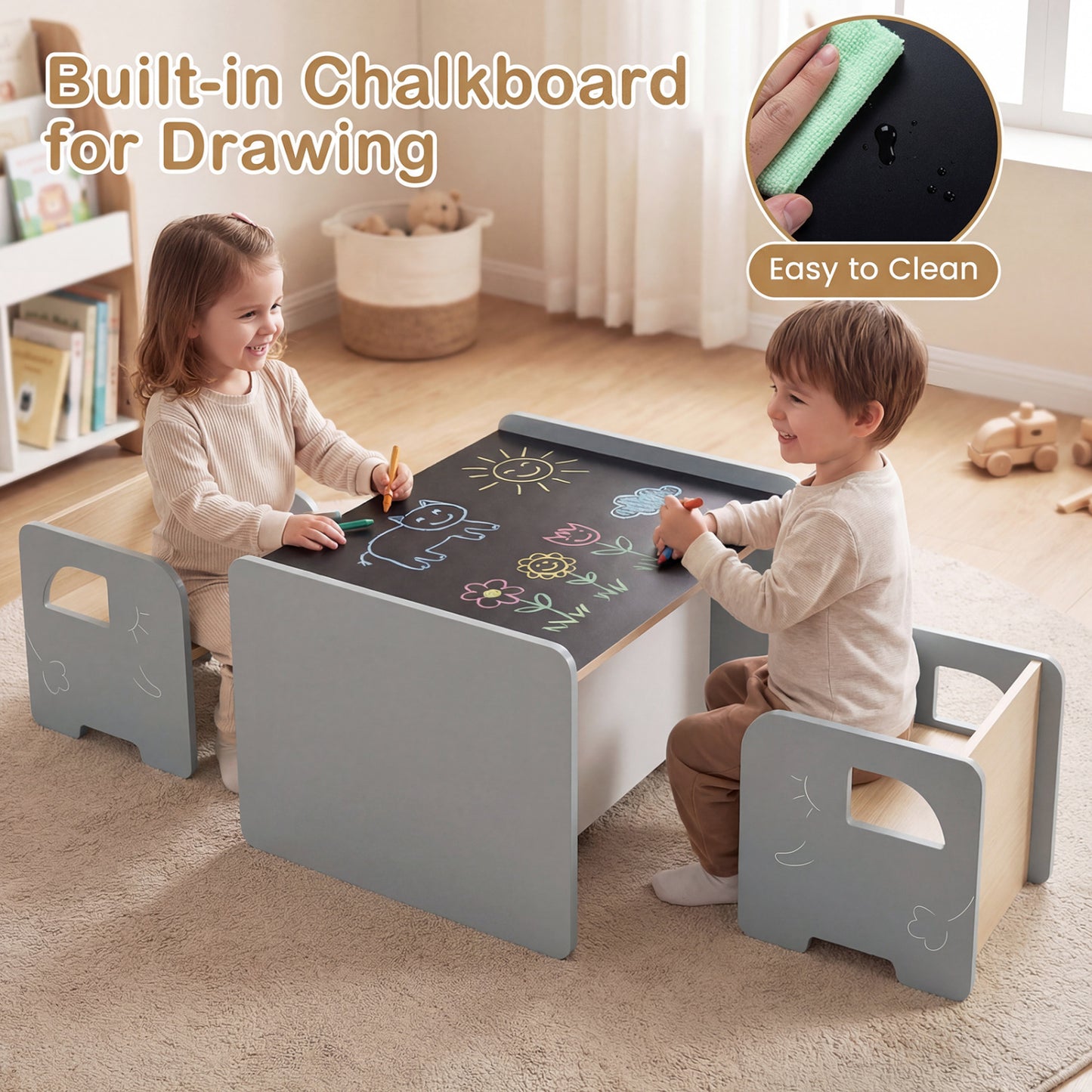 Kids Table and Chair Set with Chalkboard - 3 Piece