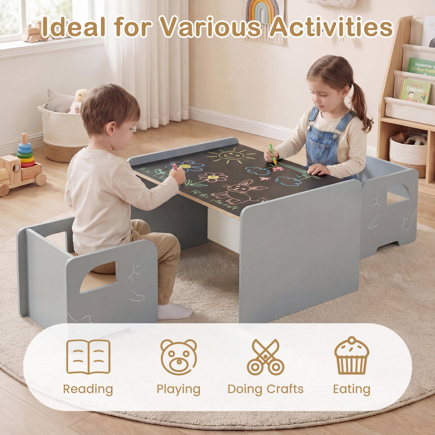 Kids Table and Chair Set with Chalkboard - 3 Piece
