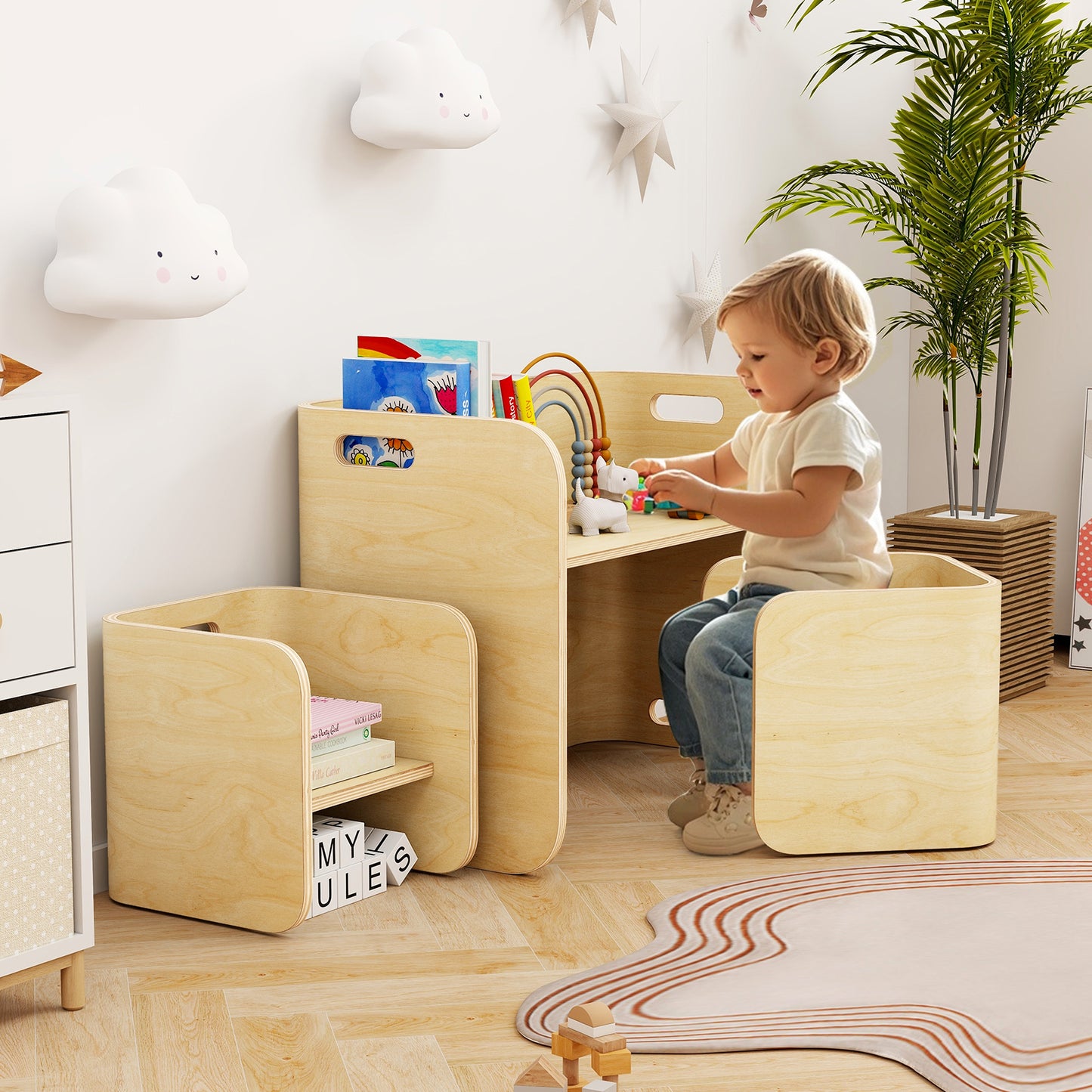 Kids Wooden Table and Chair Set - 3 Piece Birchwood
