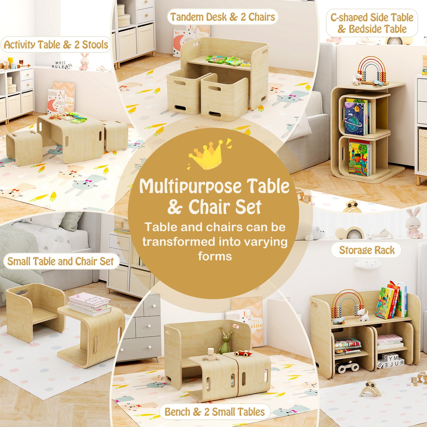 Kids Wooden Table and Chair Set - 3 Piece Birchwood