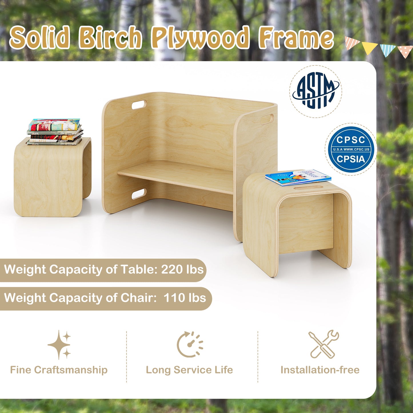 Kids Wooden Table and Chair Set - 3 Piece Birchwood