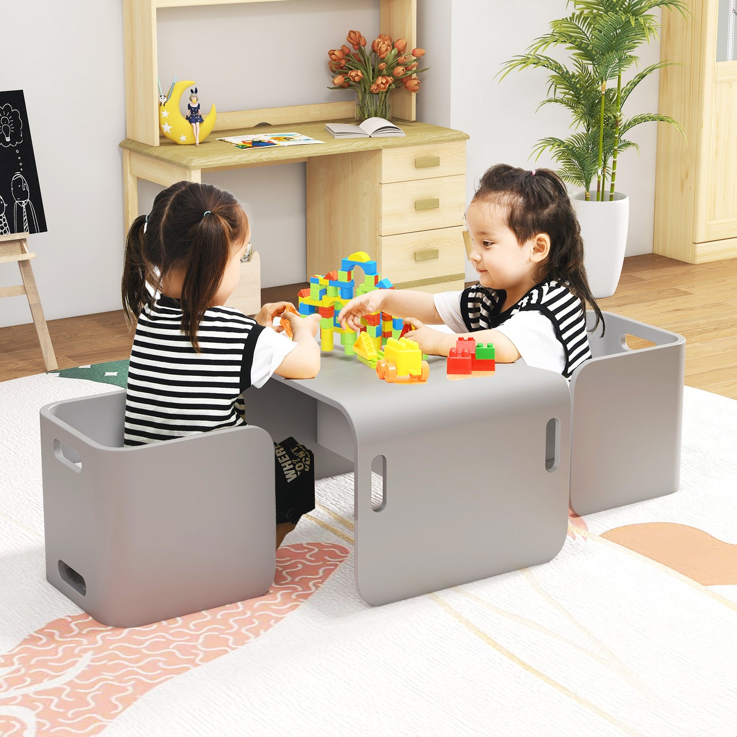 Kids Wooden Table and Chair Set - 3 Piece Birchwood