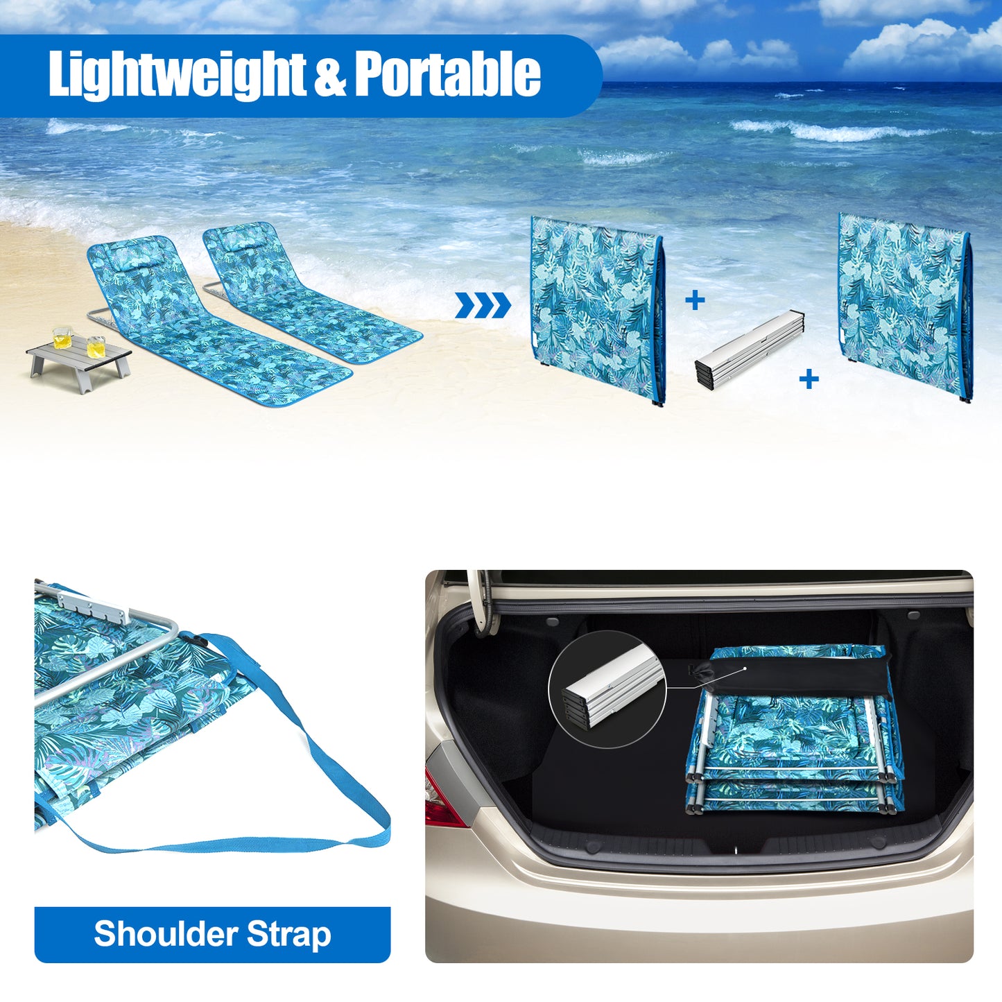 3-Piece Folding Beach Lounge Chair Set with Side Table