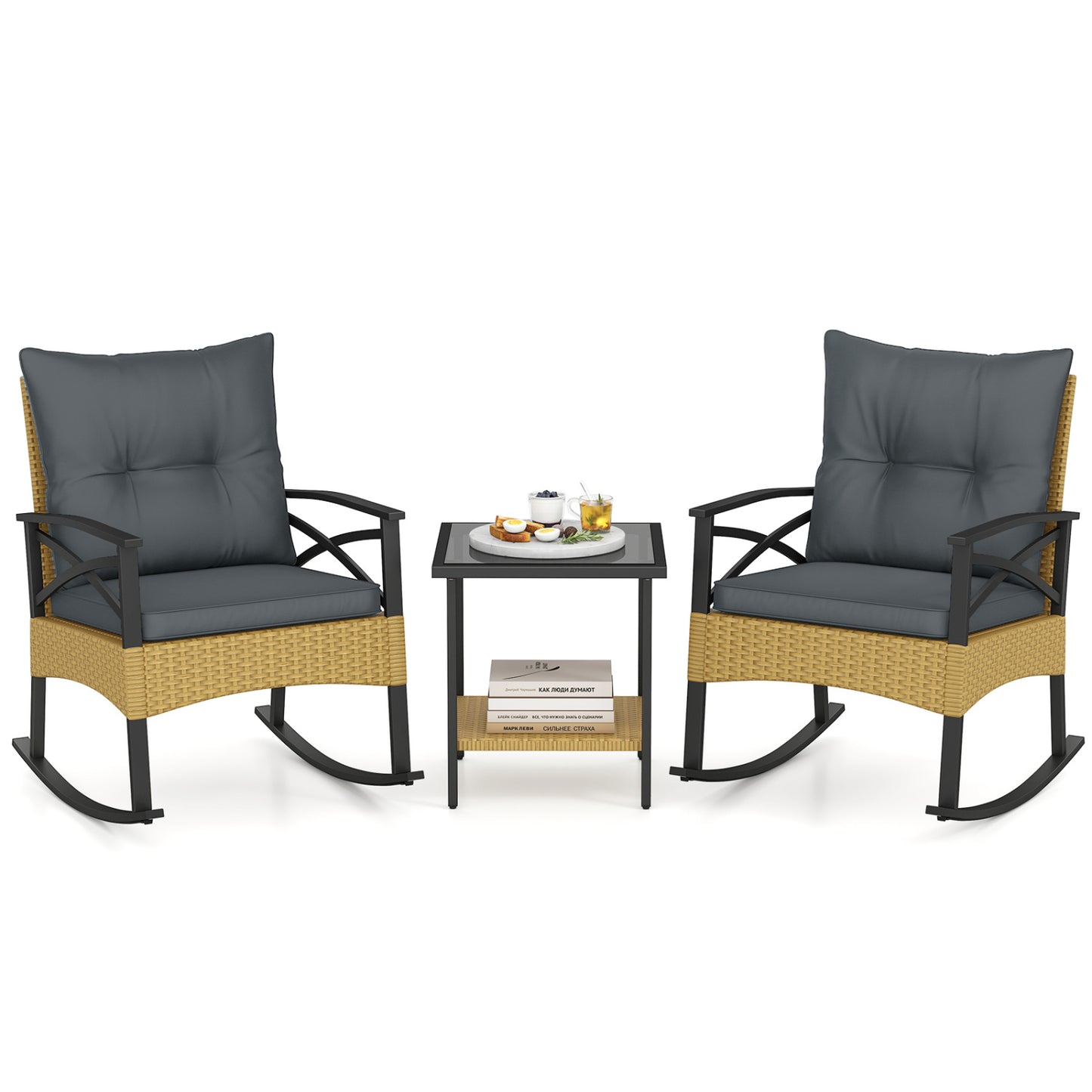 3-Piece Rattan Rocking Chair Set with Side Table