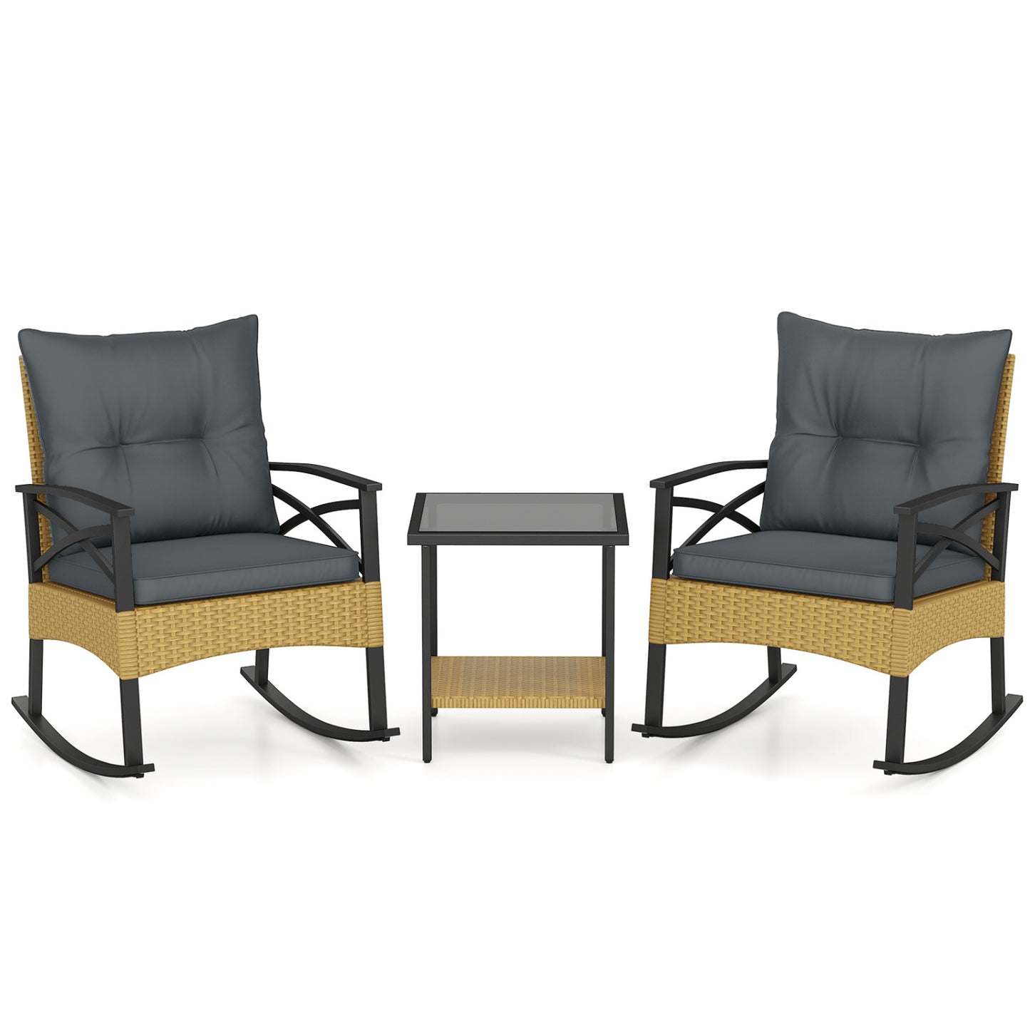 3-Piece Rattan Rocking Chair Set with Side Table