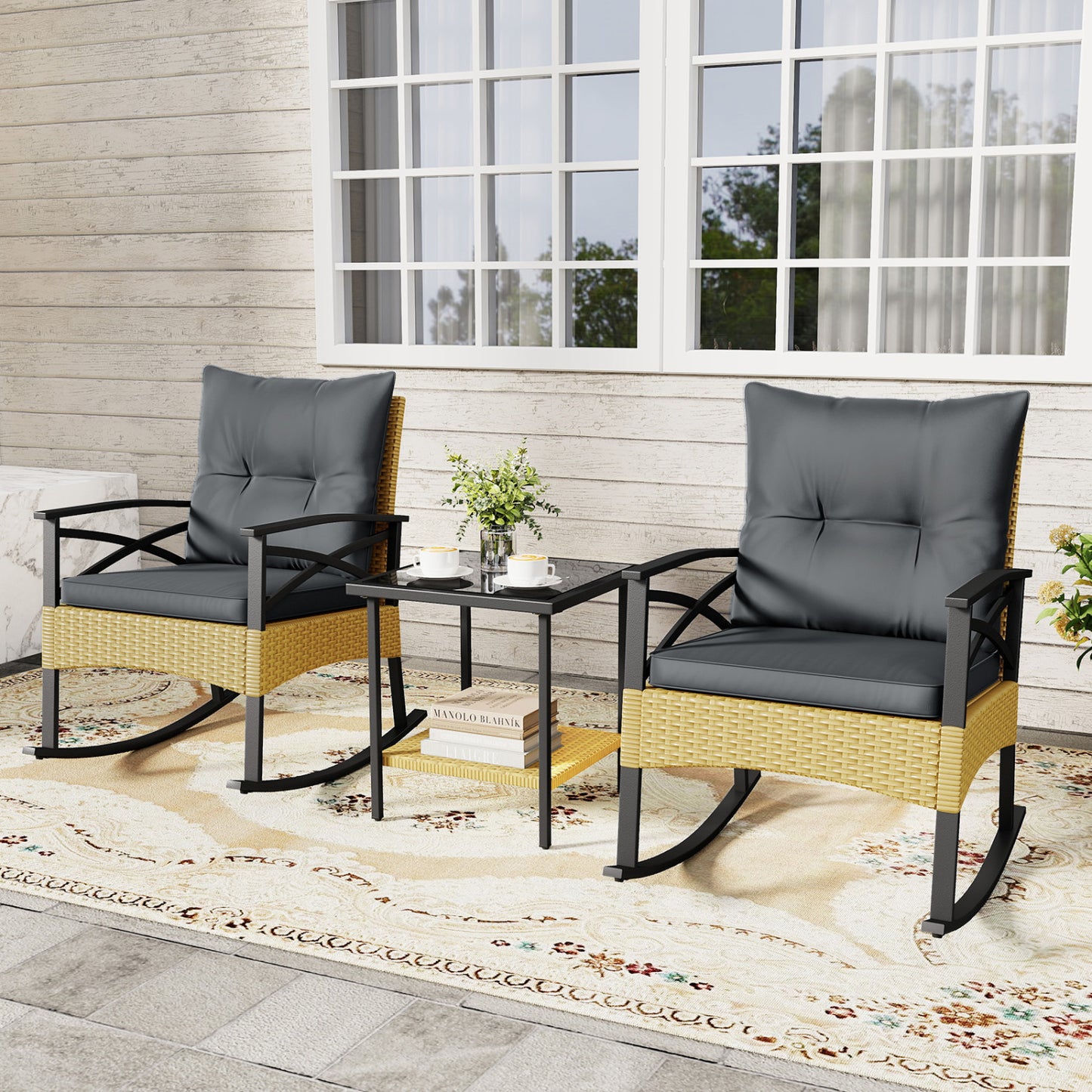 3-Piece Rattan Rocking Chair Set with Side Table