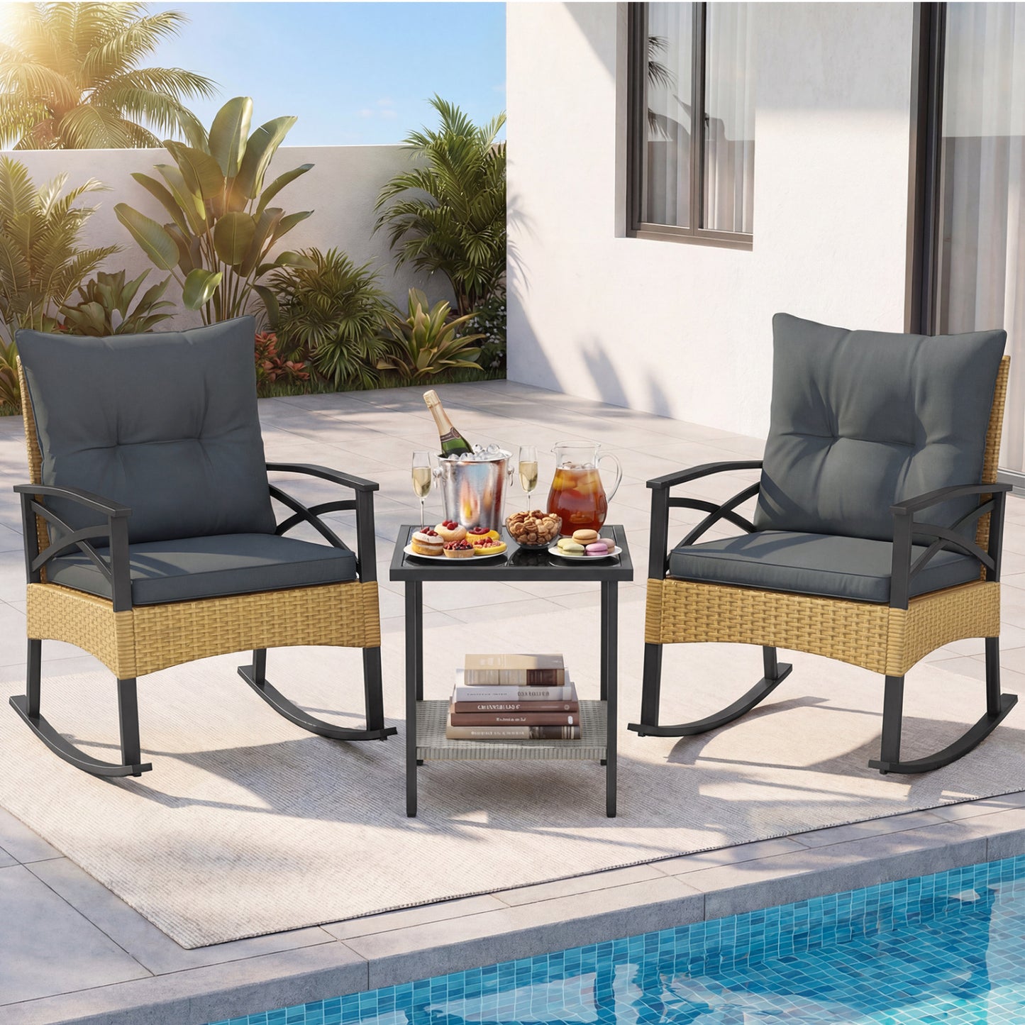 3-Piece Rattan Rocking Chair Set with Side Table