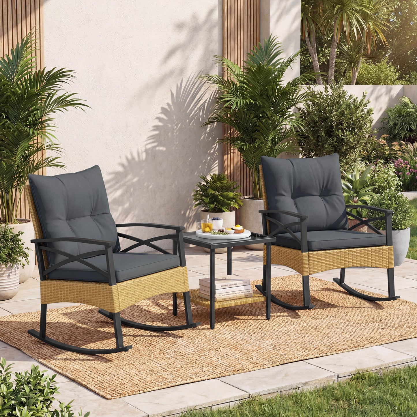 3-Piece Rattan Rocking Chair Set with Side Table