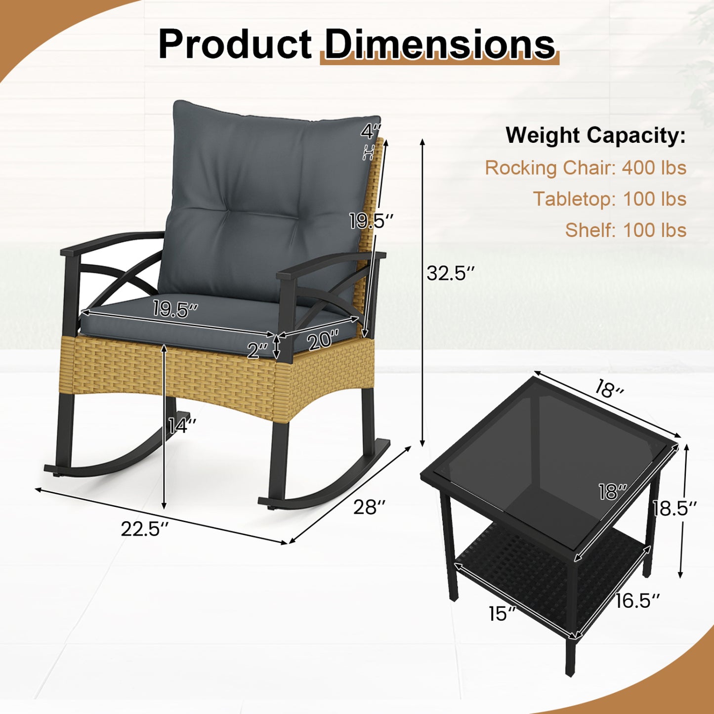 3-Piece Rattan Rocking Chair Set with Side Table