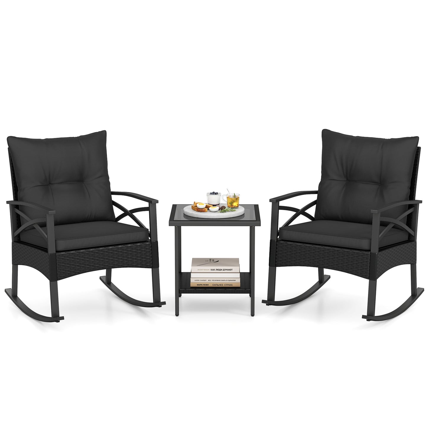 3-Piece Rattan Rocking Chair Set with Side Table