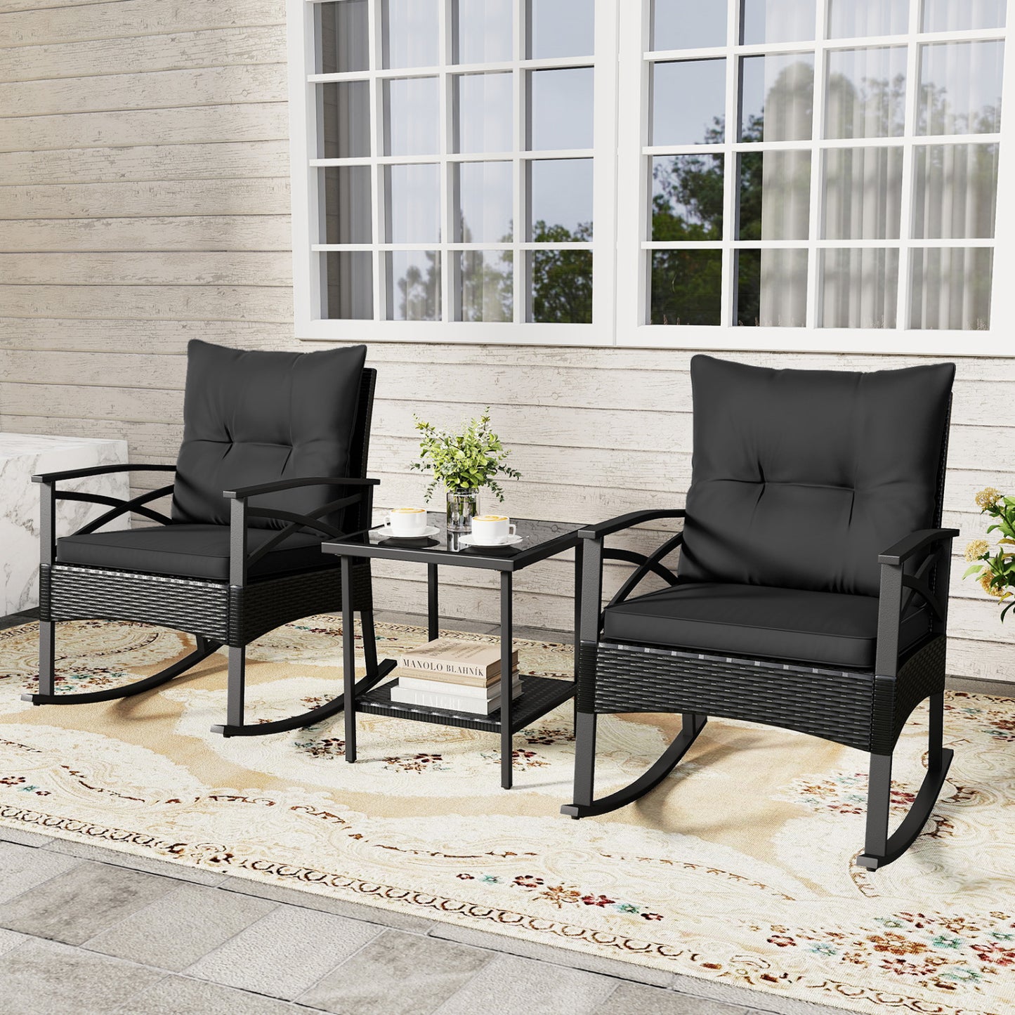 3-Piece Rattan Rocking Chair Set with Side Table
