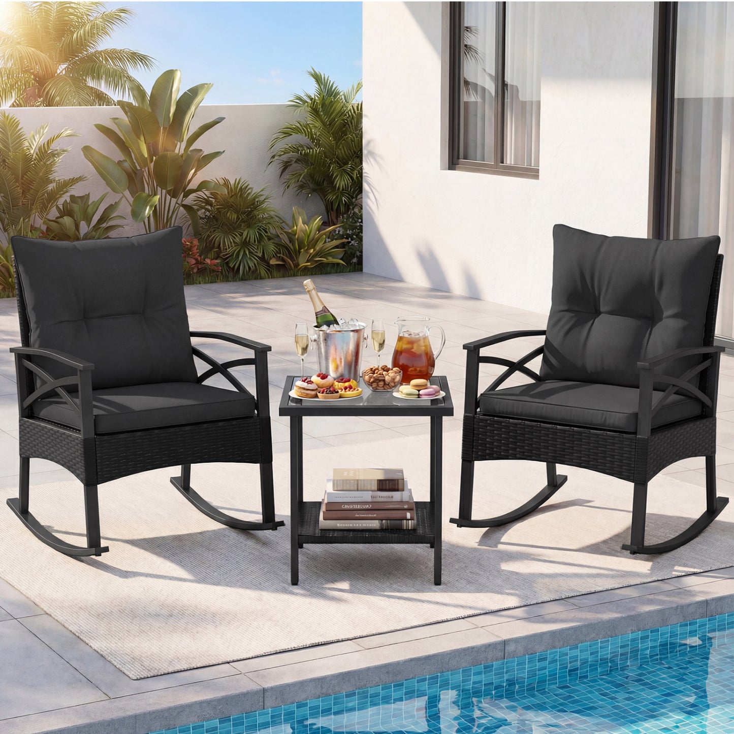 3-Piece Rattan Rocking Chair Set with Side Table