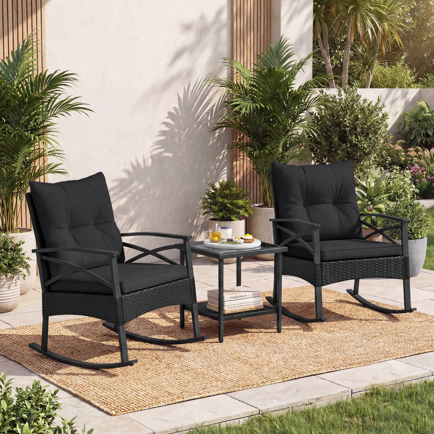 3-Piece Rattan Rocking Chair Set with Side Table