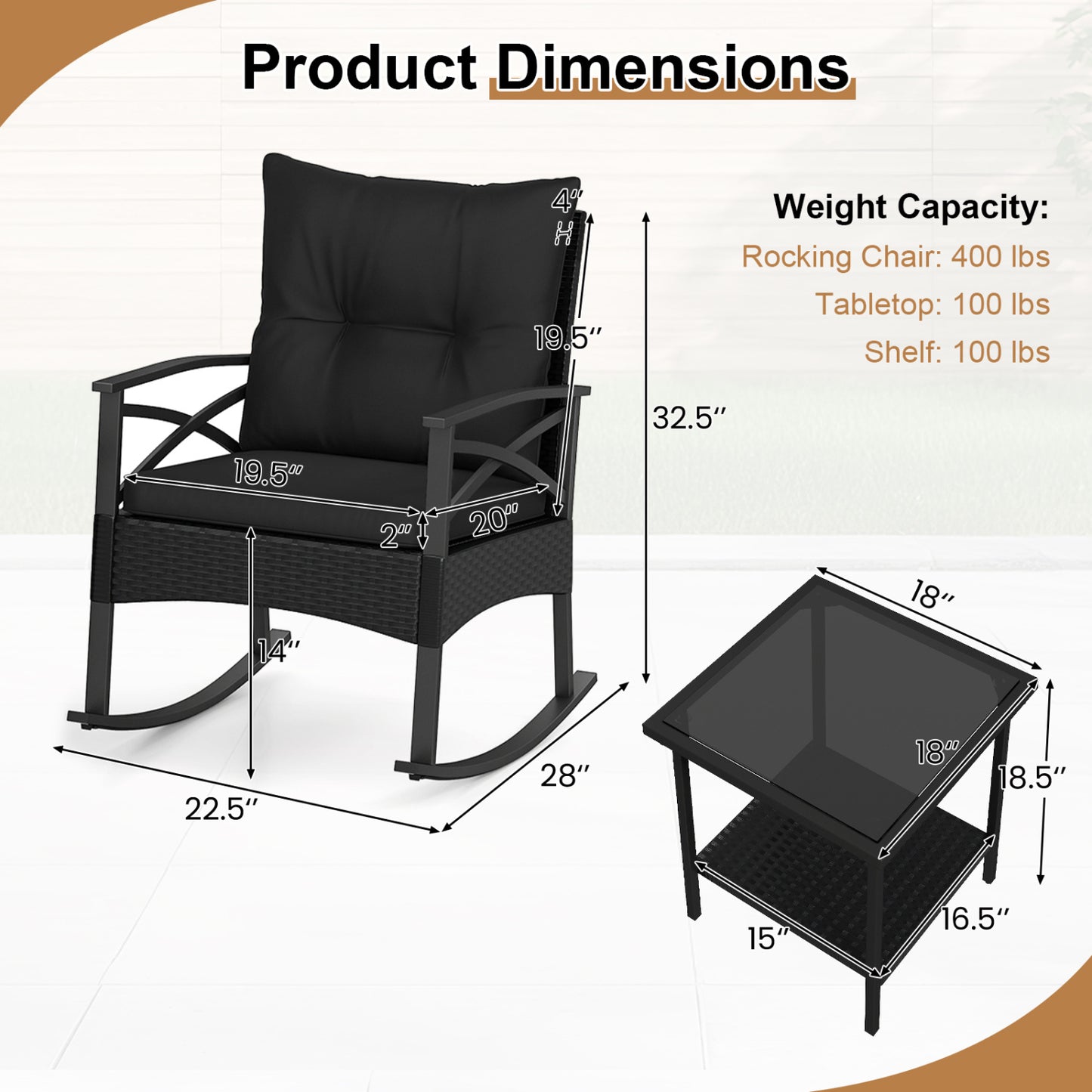 3-Piece Rattan Rocking Chair Set with Side Table