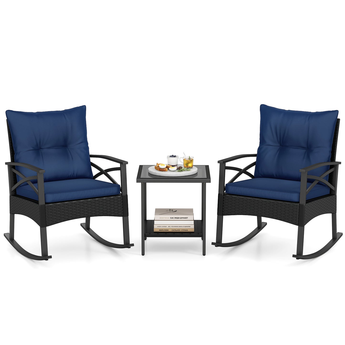 3-Piece Rattan Rocking Chair Set with Side Table